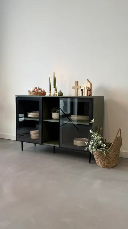 Dresser with glass and aluminium frame doors on configurable legs